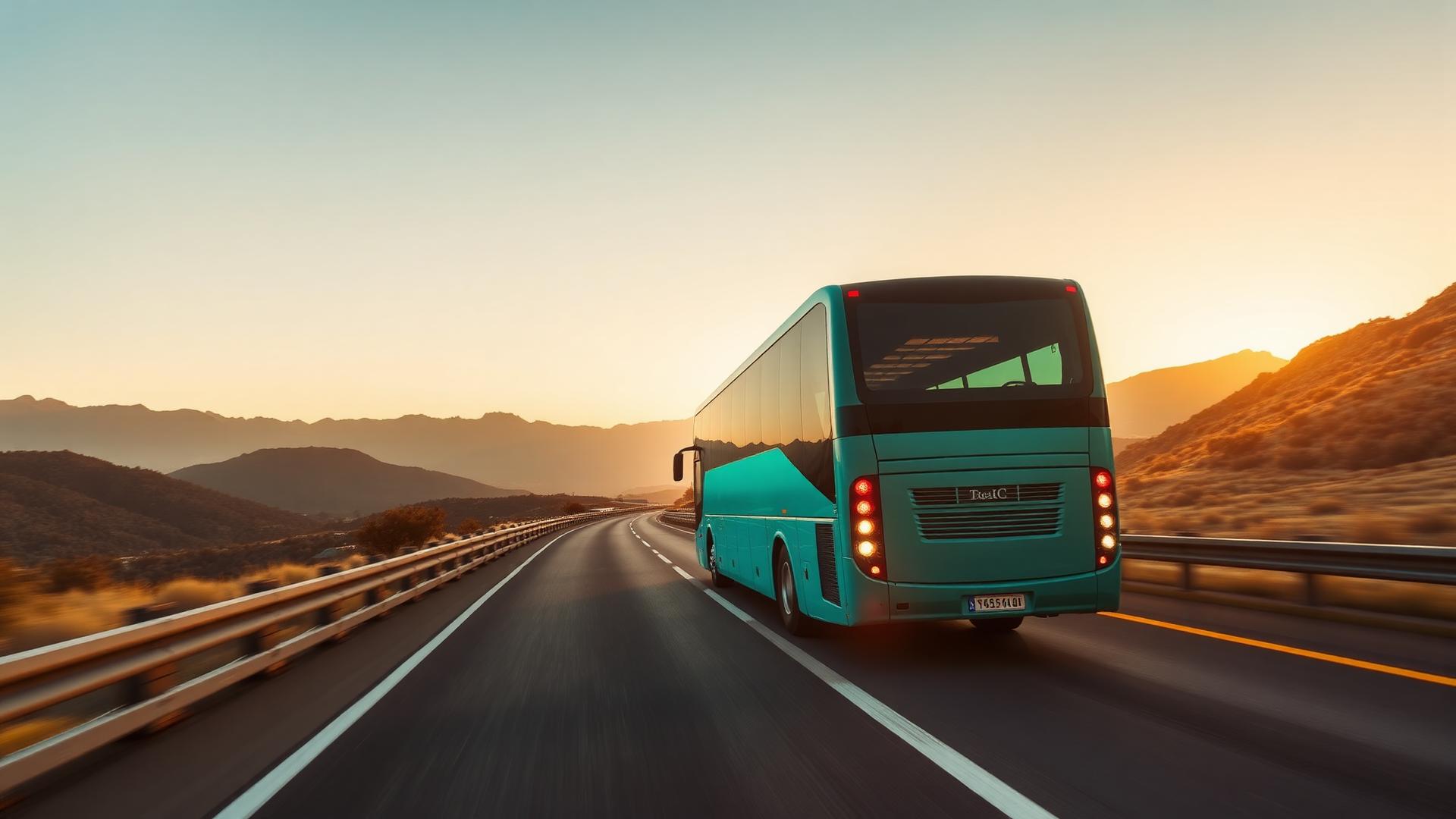 Intercity coach on a highway at sunrise
